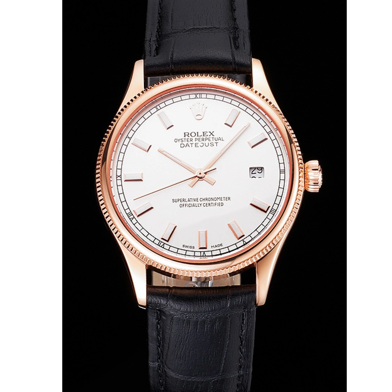 AAA Replica Watches Rose Dial White Leather Case Black Strap Swiss Gold Rolex Datejust 0709